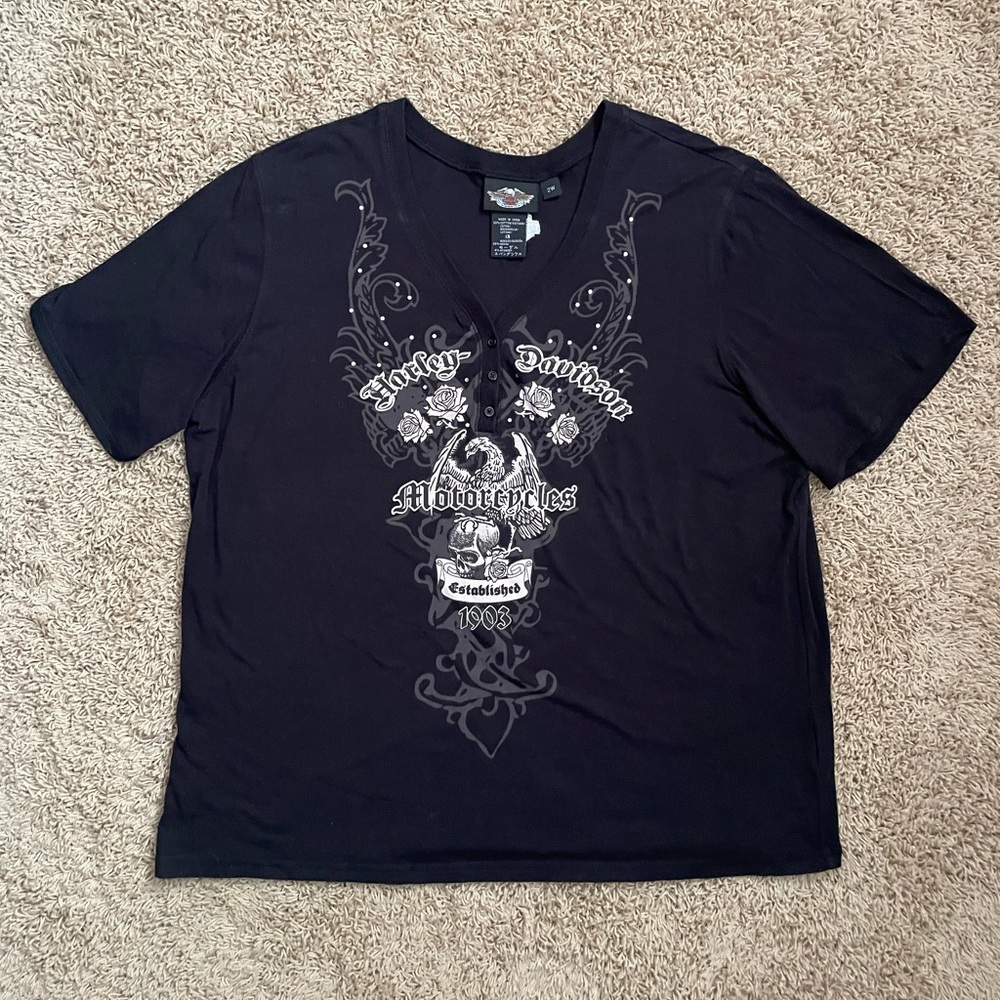 Harley Davidson Women’s Y2K Eagle Skull Sparkle Half Button Up Shirt